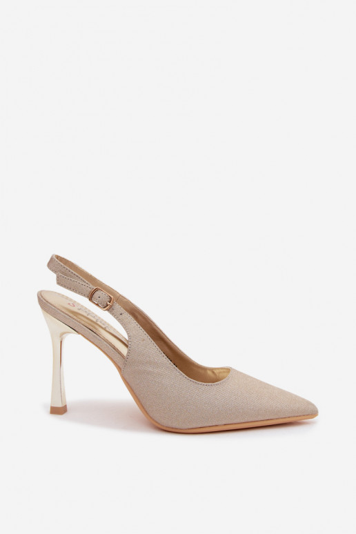 Sapatos de salto altos dourados brilhantes com salto aberto Marcella