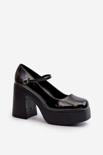 Sapatos pretos femininos com efeito envernizado e plataforma Big Star NN274004 2