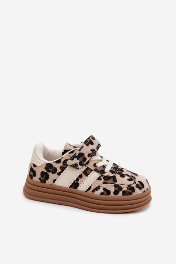 Sapatos desportivos infantis com estampa de leopardo e velcro em cor de areia Satinia