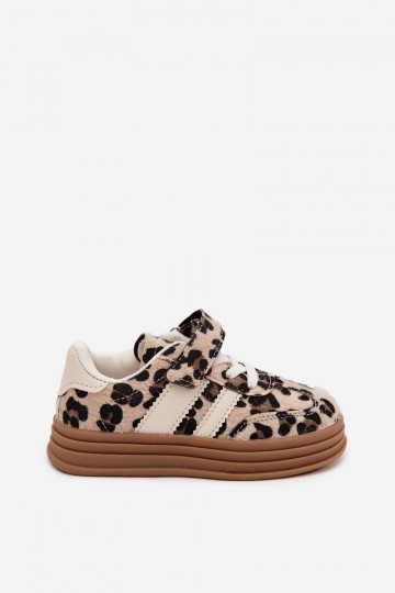 Sapatos desportivos infantis com estampa de leopardo e velcro em cor de areia Satinia 2