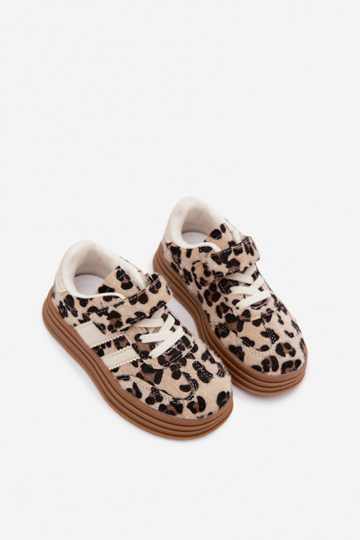 Sapatos desportivos infantis com estampa de leopardo e velcro em cor de areia Satinia