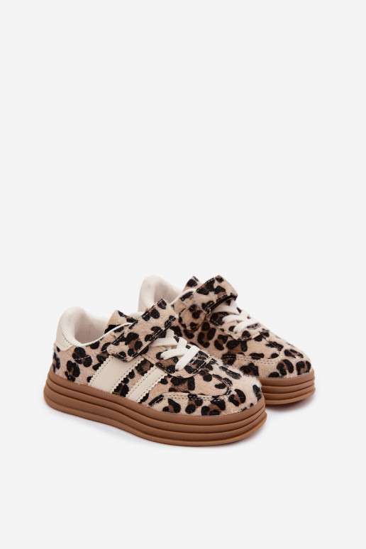 Sapatos desportivos infantis com estampa de leopardo e velcro em cor de areia Satinia
