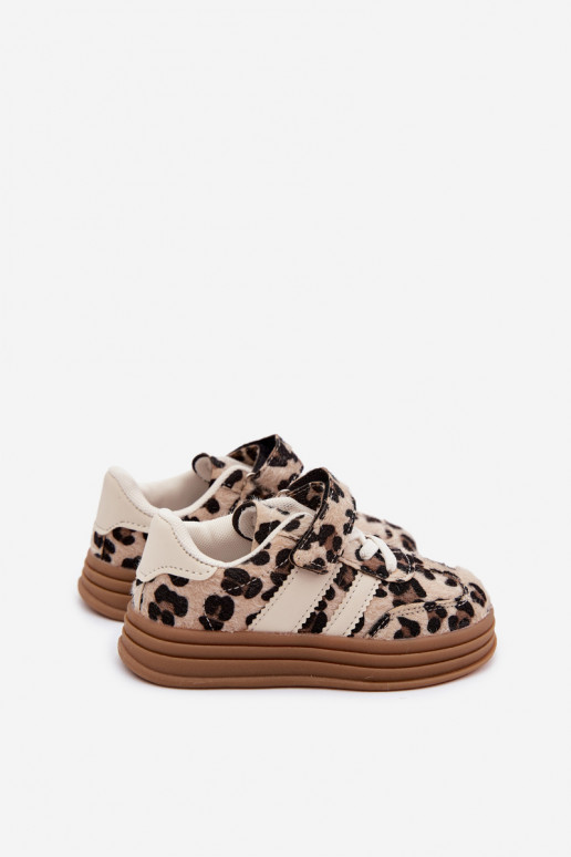 Sapatos desportivos infantis com estampa de leopardo e velcro em cor de areia Satinia