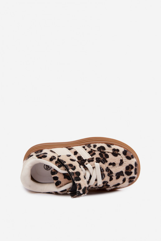 Sapatos desportivos infantis com estampa de leopardo e velcro em cor de areia Satinia