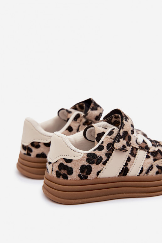Sapatos desportivos infantis com estampa de leopardo e velcro em cor de areia Satinia