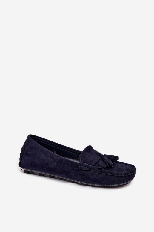 Mocassins femininos com franjas em camurça sintética cor azul escuro Linden