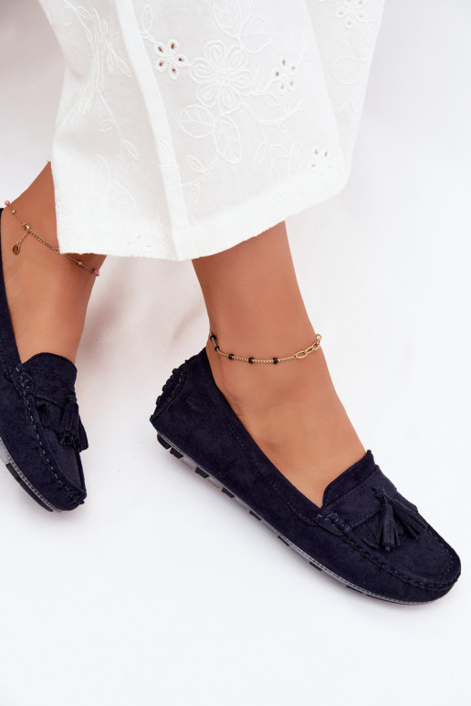 Mocassins femininos com franjas em camurça sintética cor azul escuro Linden