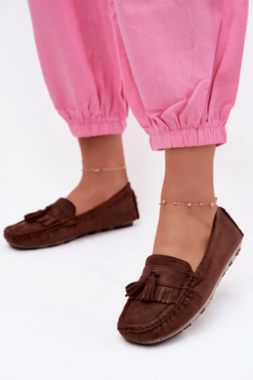Mocassins femininos com franjas em camurça sintética cor chocolate Linden