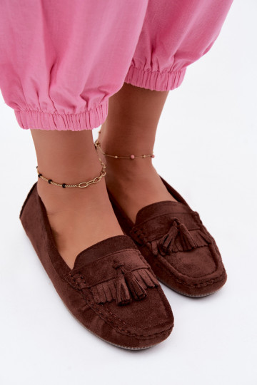 Mocassins femininos com franjas em camurça sintética cor chocolate Linden 2