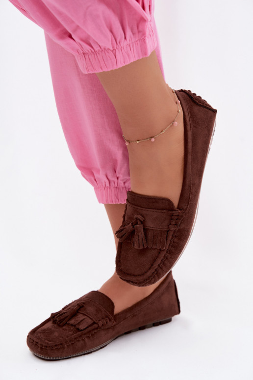 Mocassins femininos com franjas em camurça sintética cor chocolate Linden