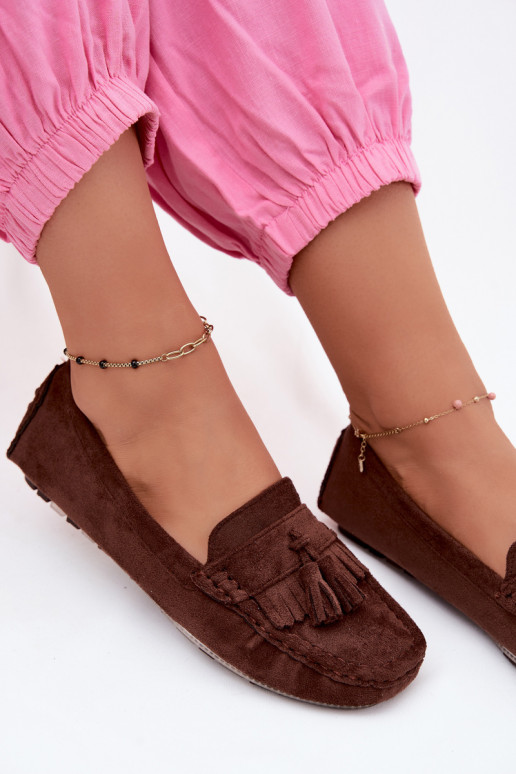 Mocassins femininos com franjas em camurça sintética cor chocolate Linden