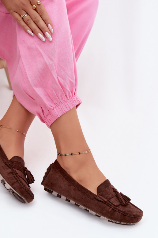 Mocassins femininos com franjas em camurça sintética cor chocolate Linden