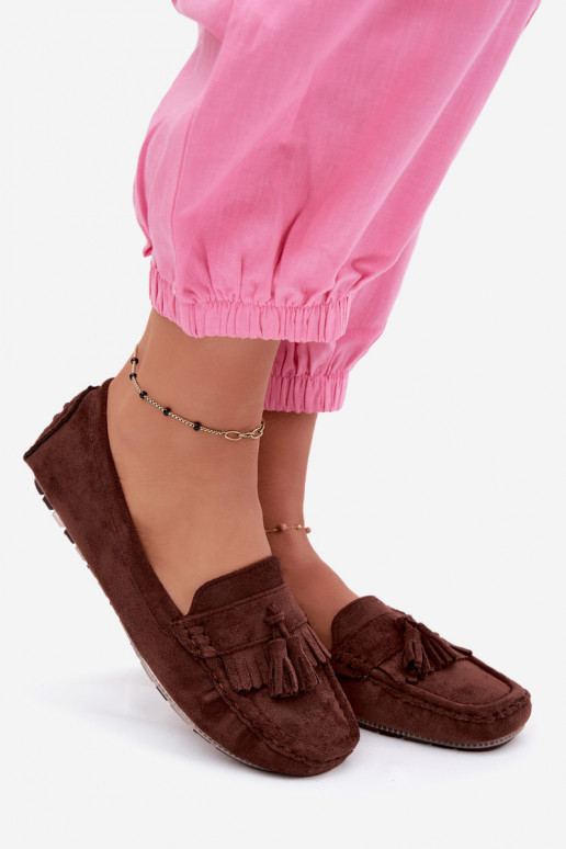 Mocassins femininos com franjas em camurça sintética cor chocolate Linden