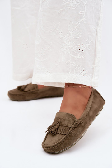 Mocassins femininos com franjas em camurça sintética cor verde Linden