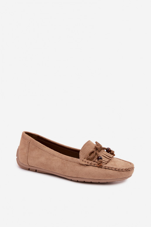 Mocassins planos femininos com laços e franjas em camurça sintética cor areia Bluebell