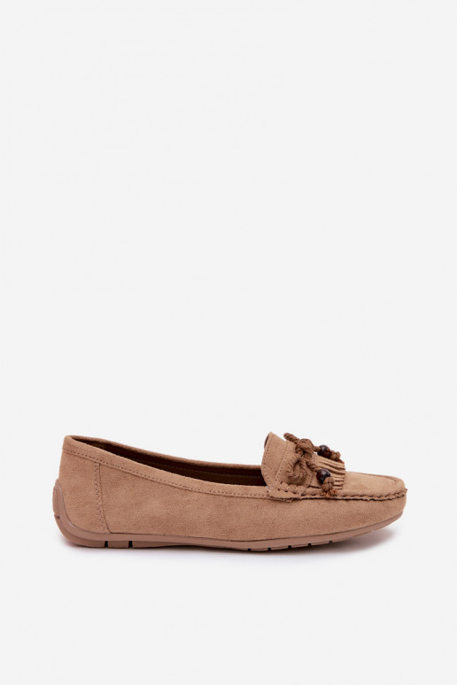 Mocassins planos femininos com laços e franjas em camurça sintética cor areia Bluebell