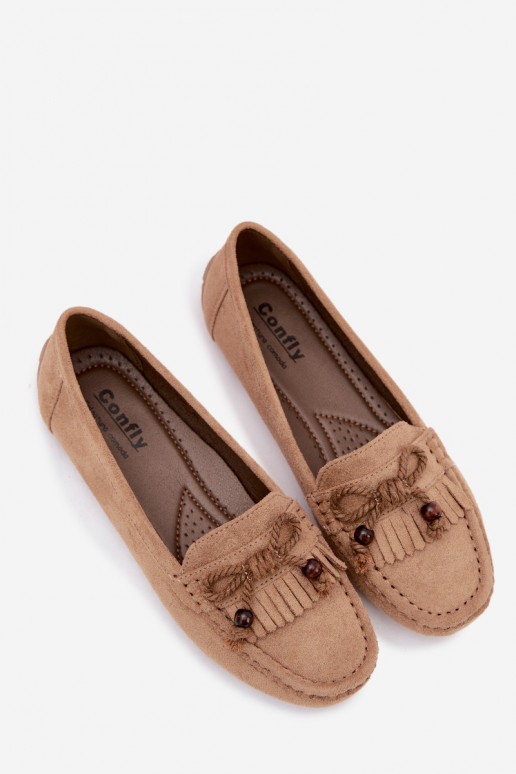 Mocassins planos femininos com laços e franjas em camurça sintética cor areia Bluebell