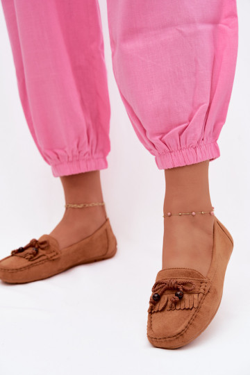 Mocassins femininos com laços e franjas em camurça sintética na cor marrom Bluebell
