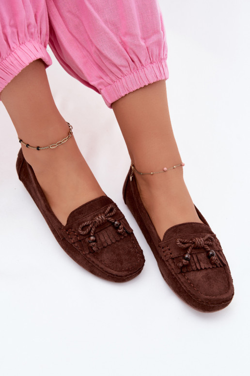 Mocassins femininos com laços e franjas em camurça sintética na cor chocolate Bluebell