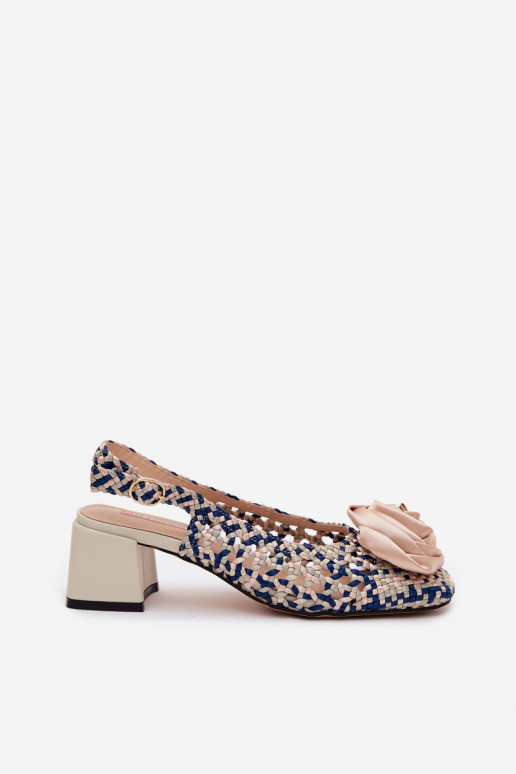 Sandálias femininas estampadas com salto e ornamentos Artiker 58C0372 cor areia e azul escuro