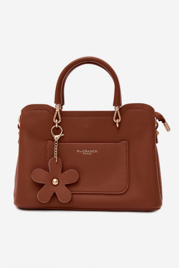 Bolsa em couro sintético com chaveiro e motivos florais na cor marrom Noomi
