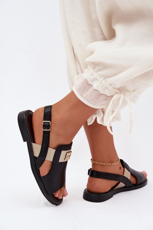 Sandálias femininas pretas com detalhes dourados Birdie