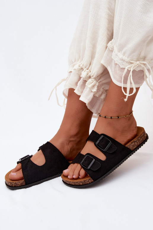 Chinelos femininos pretos com fivelas Brigid