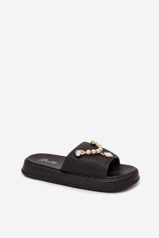 Chinelos femininos pretos leves com ornamentos Rosehip