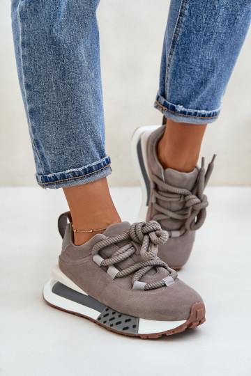Tênis femininos cinzas em suede sintético, com plataforma e cadarço grosso, Artiker 54C1463