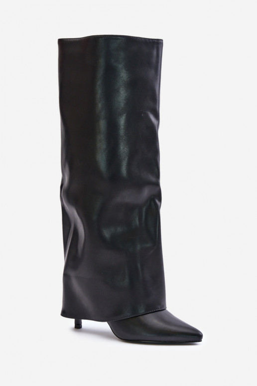 Botas longas aquecidas com saltos finos e choleika costurada na cor preta Tamonia