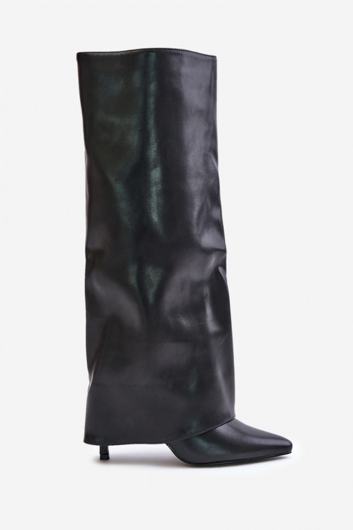Botas longas aquecidas com saltos finos e choleika costurada na cor preta Tamonia