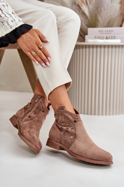 Botins femininos com elementos de renda na cor marrom S.Barski HY42-081