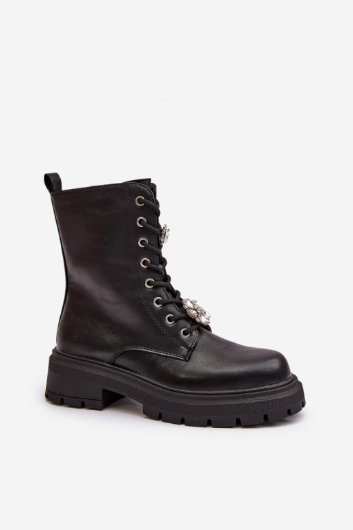 Botas de trabalho femininas com adornos em couro sintético na cor preta Kristines