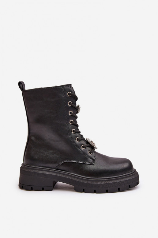 Botas de trabalho femininas com adornos em couro sintético na cor preta Kristines