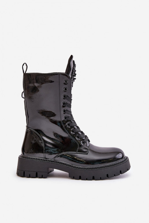 Botins de trabalho pretos com ornamentos e efeito verniz Kelilea