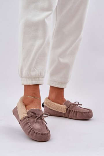 Mocassins femininos bege com pelo Kleogoria