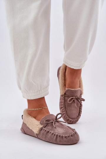 Mocassins femininos bege com pelo Kleogoria 2