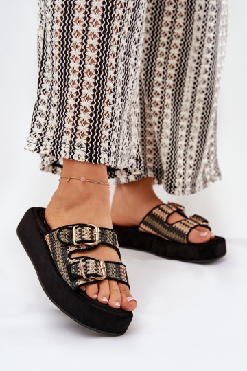 Chinelos femininos com plataforma e fivelas em preto Limme 2