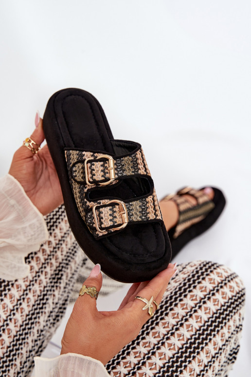 Chinelos femininos com plataforma e fivelas em preto Limme
