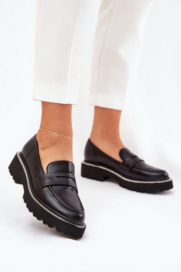mocassins femininos em couro sintético com ilhós brilhantes pretos INilamla