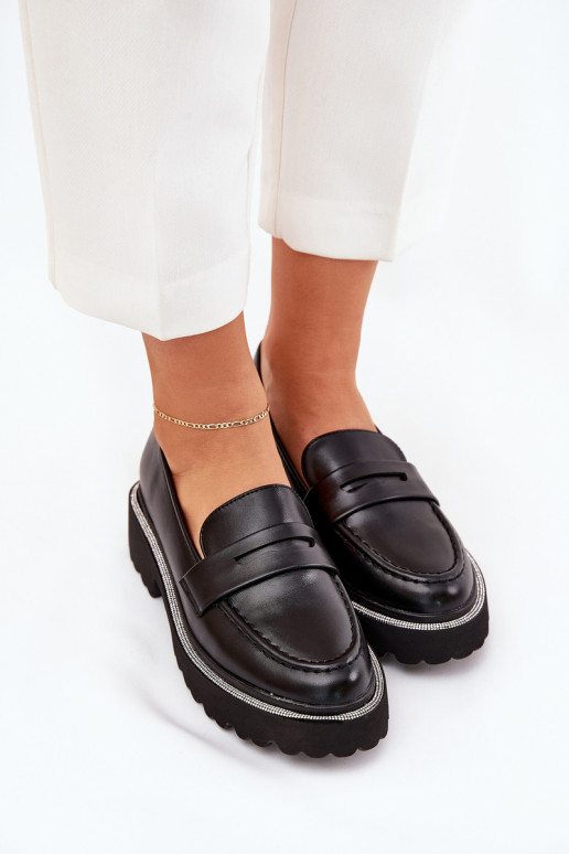 mocassins femininos em couro sintético com ilhós brilhantes pretos INilamla