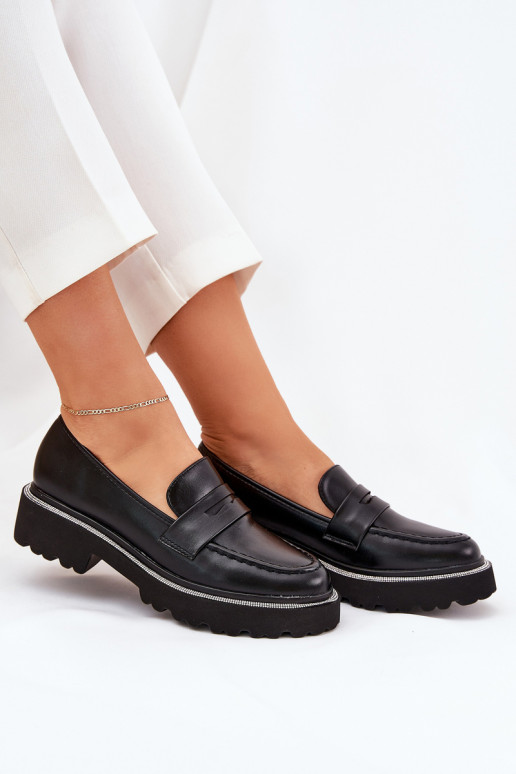mocassins femininos em couro sintético com ilhós brilhantes pretos INilamla