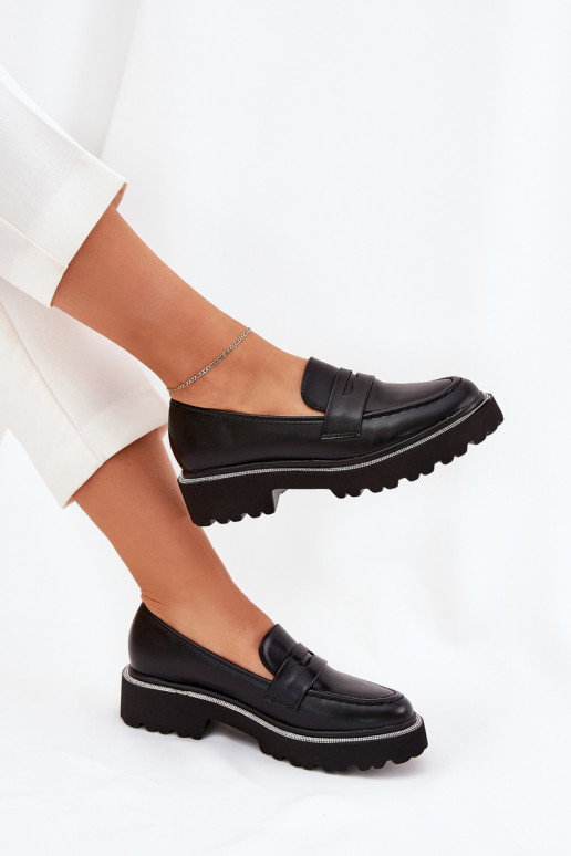 mocassins femininos em couro sintético com ilhós brilhantes pretos INilamla