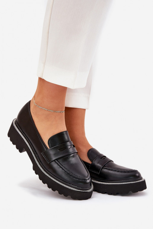 mocassins femininos em couro sintético com ilhós brilhantes pretos INilamla