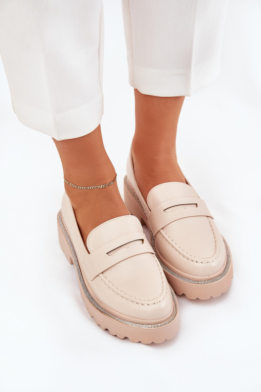mocassins femininos em couro sintético com ilhós brilhantes em areia INilamla