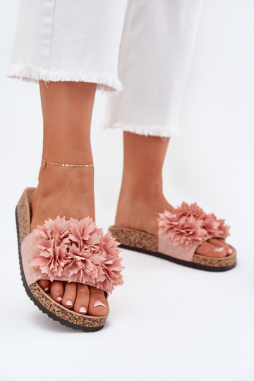 Chinelos femininos Com sola de cortiça Com flores cor rosa Ferenza