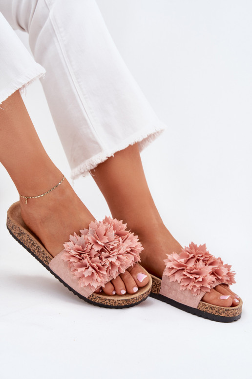 Chinelos femininos com sola de cortiça e flores em rosa Ferenza