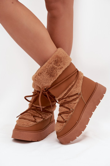 Botas de neve femininas com pelo e cadarços em marrom Tai turirinna