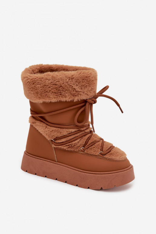 Botas de neve femininas com pelo e cadarços em marrom Tai turirinna