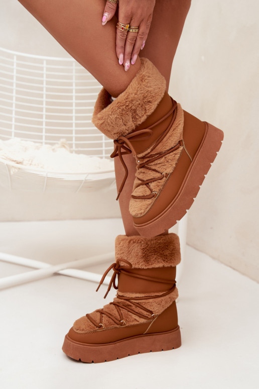 Botas de neve femininas com pelo e cadarços em marrom Tai turirinna
